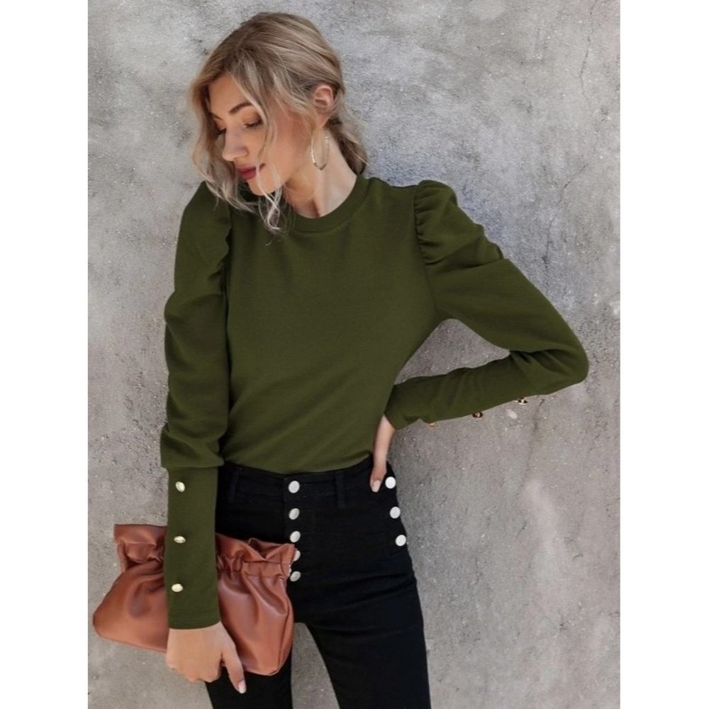 NEW SHEIN Button Side Gigot Sleeve Top Size 3XL Color Army Green